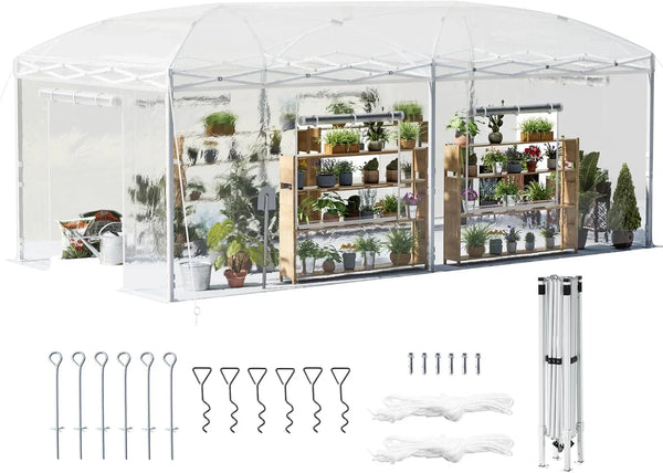 19.2×9.7×8.5 feet Outdoor upgraded retractable greenhouse with adjustable reinforced frame, portable walk-through greenhouse, equipped with 2 rollable zipped doors and mesh windows, PE shell, white E8