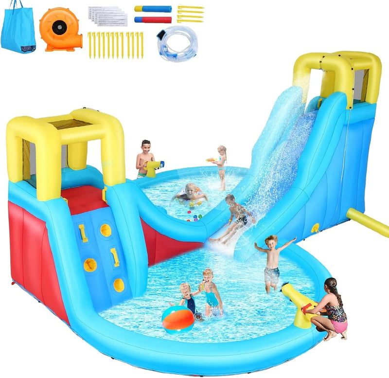 Inflatable Water Slide, 6 in 1 Outdoor Inflatable Water Park with Climbing, Basketball Rim, Splash Pool, Water Cannon, Blow up Water Slides for Kids Backyard B8