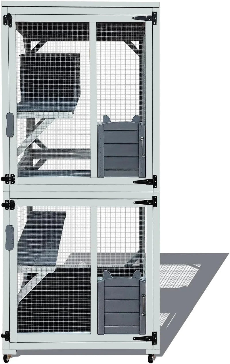 62.6-inch wooden outdoor cat house, large cat cage room, equipped with 7 platforms, 2 rest boxes and a rainproof roof, suitable for multiple pets to use. Step-in cat apartment shelter, white model P7