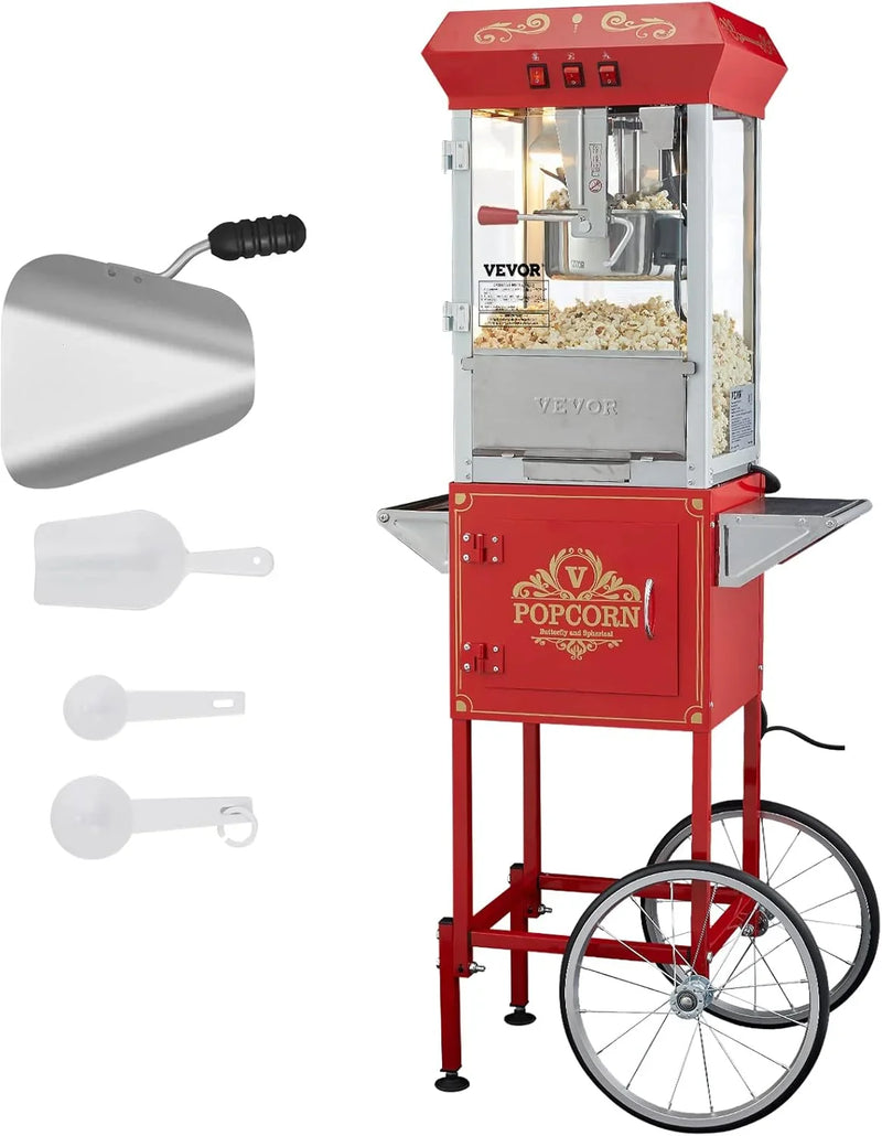 Popcorn machine, 12-ounce pot capacity, 1440-watt countertop popcorn machine, can produce 80 cups per batch, cinema-style popcorn machine, equipped with 3 switches for control, steel frame, tempered glass door, 1 pot, 2 spoons, red version U2