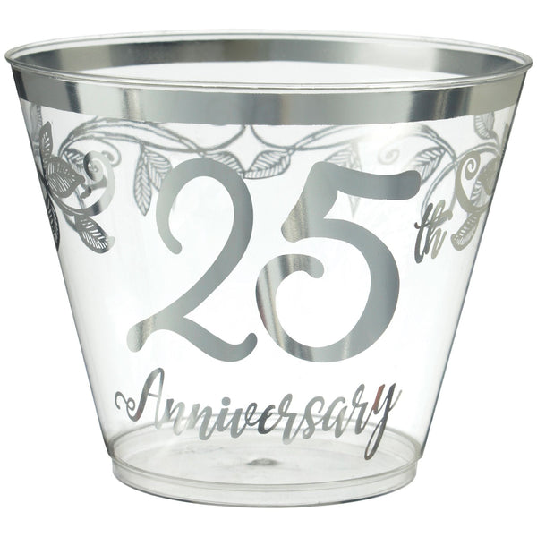 "25th Anniversary" Bordered Trimmed Plastic Reusable Tumbler Cups, Clear/Silver, 9-oz, 30-pk, for Anniversary Party V8
