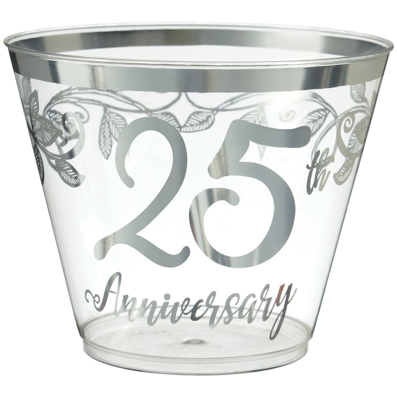 "25th Anniversary" Bordered Trimmed Plastic Reusable Tumbler Cups, Clear/Silver, 9-oz, 30-pk, for Anniversary Party V8