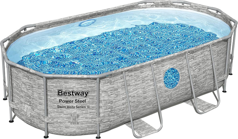 The robust steel swimming pool "Horizon Series II" - a 14 feet x 8 feet 2 inches x 39.5 inches outdoor above-ground pool package, equipped with a 530 liter/minute filtration pump, ladder and pool cover. C9