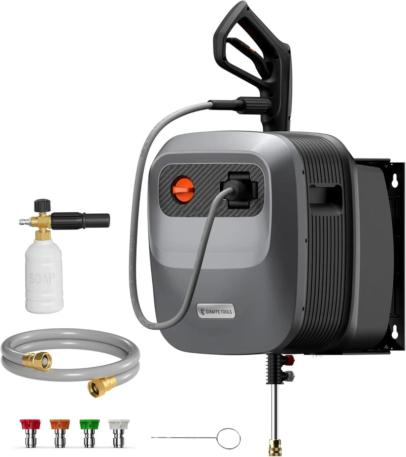 Pressure Washer G20 Pro, 2500 PSI 2.2 GPM, 180° Wall Mounted Power Washer, Auto-retract with 65FT Hose Reel, 5 Nozzles for Floor/Cars/Fences/Patios, Dark Silver G0