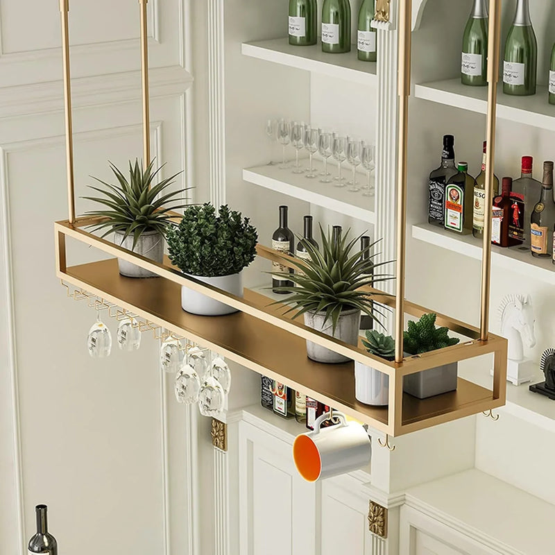Wall Mounted Wine Rack for Bars & Restaurants Gold Metal Hanging Storage for Wine Bottles & Stem Glasses Perfect for Dining Room & Kitchen Decor Space Saving Design R6