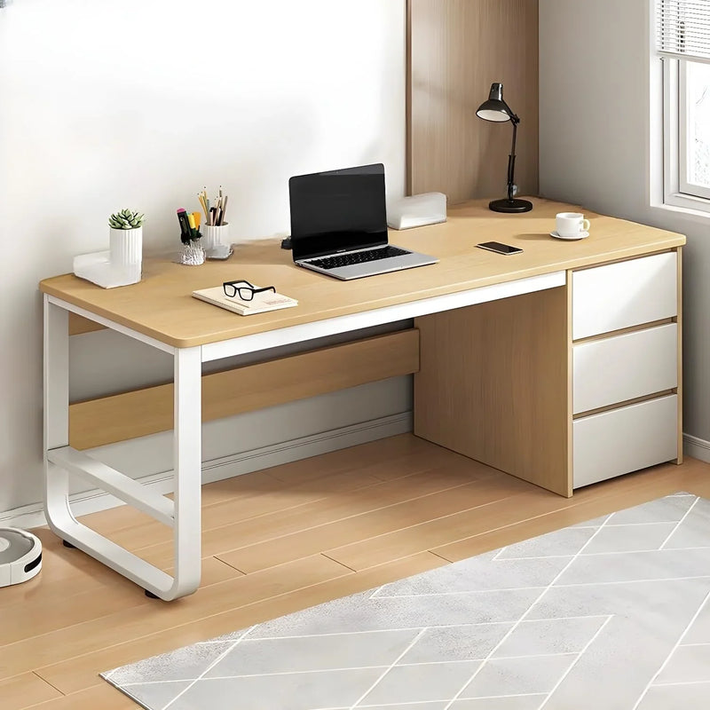 This stylish and modern office desk features an integrated cable management system, a wooden desktop, and a rectangular shape. It comes with three drawers and is ideal for both office and home use. Available in brown, it measures 63 inches in length, Q5