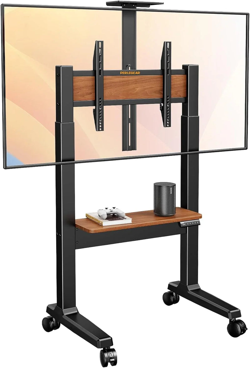 Motorized Mobile TV Stand on Wheels for 37–86 Inch TVs up to 154 lbs, Electric Height Adjustable Rolling TV Stand, VESA 200x200–600x400mm, Wooden Shelf & Panel, PGTVMC26B N6
