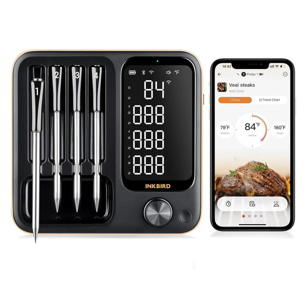 True wireless meat thermometer, equipped with 4 probes, Bluetooth meat thermometer, with backlit LCD display, Wi-Fi-enabled smart food thermometer, rechargeable, suitable for barbecue grills, charcoal grills, ovens, and rotating barbecue racks. R7