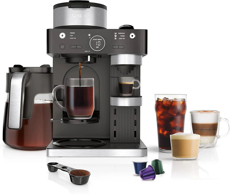 Italian espresso machine and coffee-making system, featuring three espresso brewing modes, supporting single-portion coffee and Nespresso capsules, with a built-in frother, capable of making Italian espresso, cappuccino and latte. Black style. H6