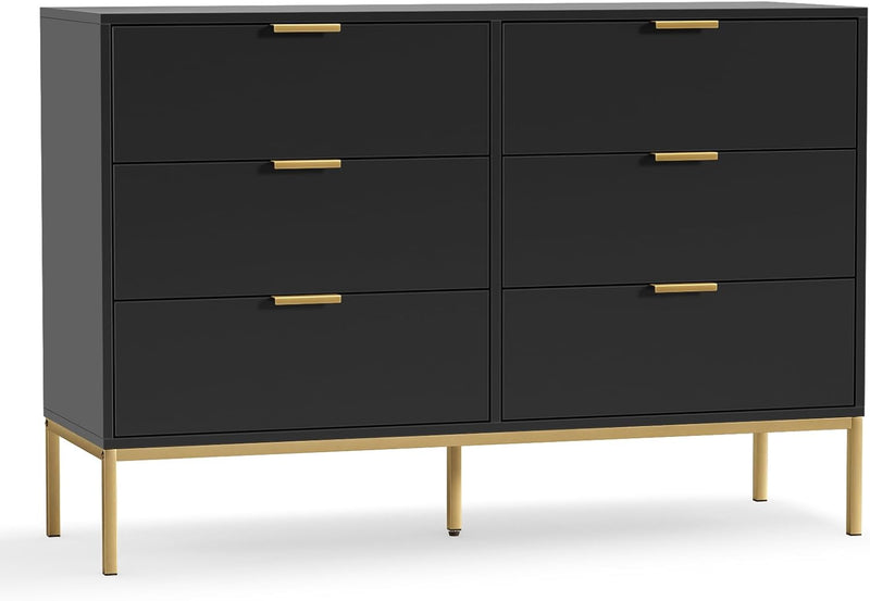 Black Dresser for Bedroom, Modern 6 Drawer Dresser, Chest of Drawers Closet Organizers and Wood Storage Clothes, White Dresser with Golden Handles for Living Room, Hallway N5