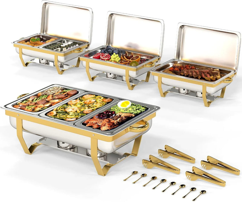 4 Pack Stainless Steel Chafing Dishes for Buffet, 9 QT Capacity 7 Pans Food Warmers for Parties, Weddings, Events Hosting, Family Gatherings, Full Set Catering Server with Serving Utensils Accessories F9