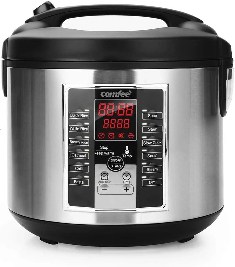 Compact electric rice cooker, 6-in-1 stainless steel multi-functional cooking utensil, slow cooker, steamer, frying pan, heater and warmer, 2-gallon capacity (8 cups cooked, 4 cups uncooked), suitable for brown rice, quinoa and oats, 6 one-button pro V4