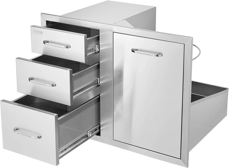 Pull Out Trash Drawer 13.4"W x 25.7"H x 19.6"D Lower Sliding Rails Stainless Steel Roll Out Trash Bin Pull Out Tray Outdoor Kitchen Trash Drawer with Handle for BBQ Island Grill Station P8