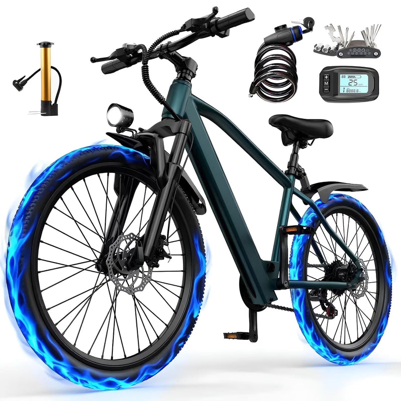 26 in Electric Bike for Adult,400W Motor,Top Speed 25MPH,40Miles Long Range,City Commuting E-bicycle With Front Fork Suspension, Dual Disc Brakes S9