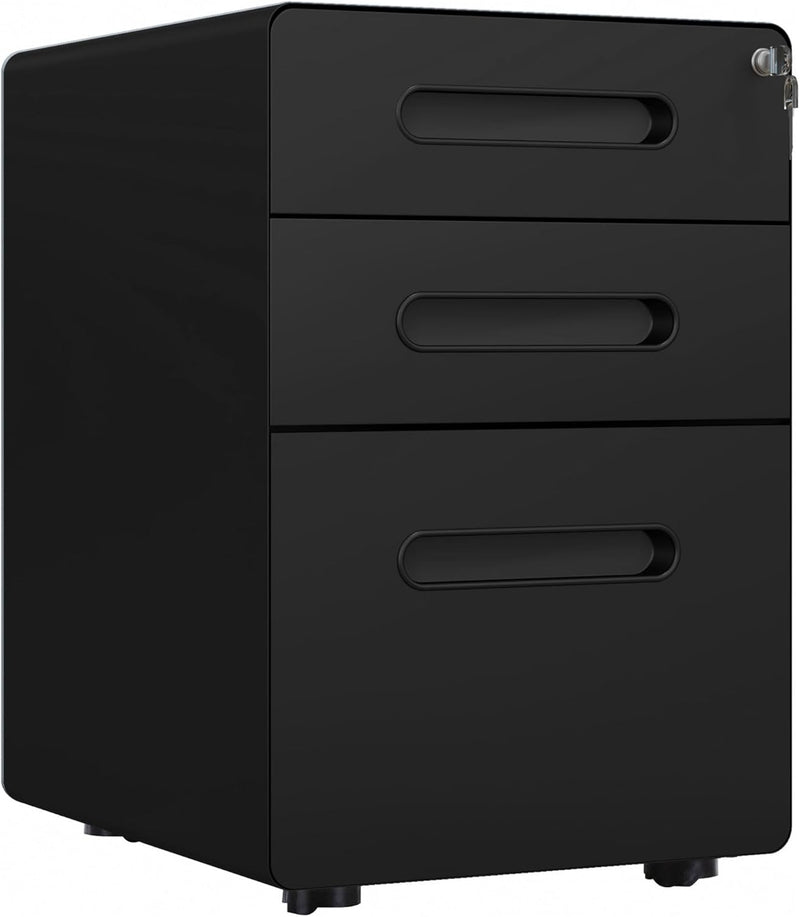 3 Drawer Vertical Filing Cabinet with Lock and Wheels, Under Desk Mobile File Cabinet for Legal, A4, Letter Size, Steel Frame for Home Office, Black S3