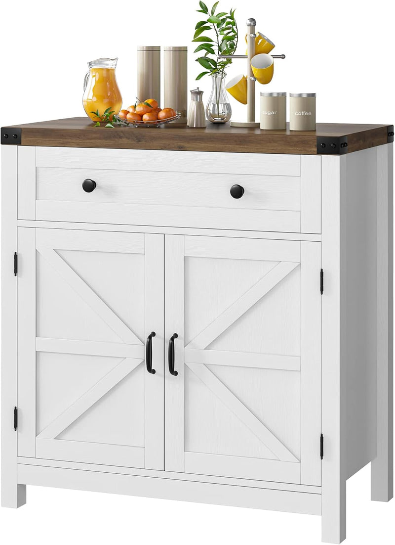 Coffee Bar Cabinet, Kitchen Storage Cabinet, Modern Farmhouse Buffet Sideboard with Drawer and Adjustable Shelf, Barn Door Accent Cabinets for Kitchen, Dining Room, Entryway, White K4