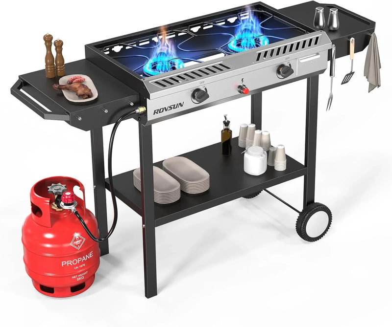 2 Burner Outdoor Propane Gas Stove with Griddle, Auto-ignition, Regulator & Side Shelves, 150,000 BTU Powerful Stand Cooker for Backyard Cooking Home Brewing Canning Frying Grilling Z9