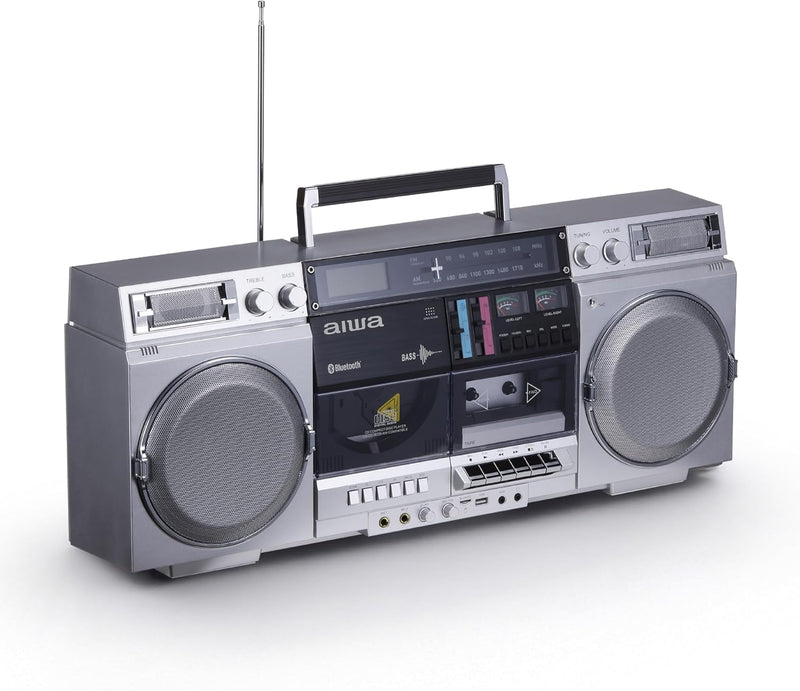 Retro-style portable CD player, featuring tape recording function, Bluetooth 5.0 technology, FM/AM radio, USB/SD/AUX input interfaces, VU meter, LCD display, dual 40-watt speakers - silver U8