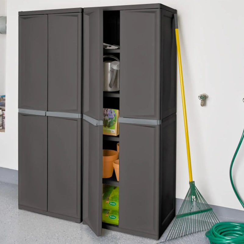 Storage Cabinet, Rugged Plastic Garage Organizer with Double Doors, 4 Adjustable Shelves, Gray F8
