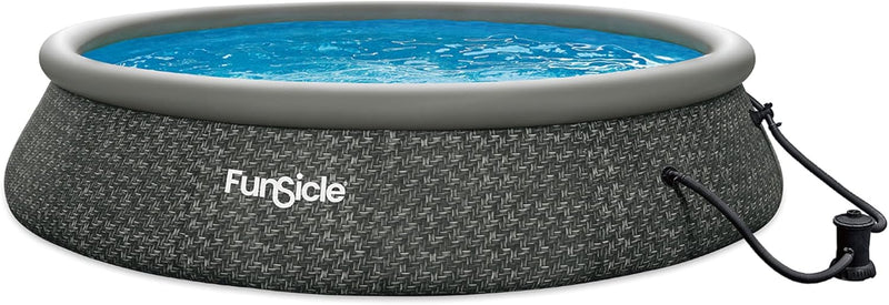 12 Foot by 36 Inch Quickset Round Inflatable Ring Top Outdoor Above Ground Swimming Pool Set with Pump and Cartridge Filter, Dark Herringbone B3