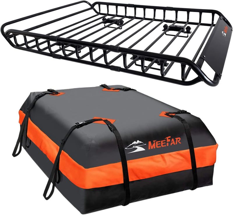 Roof Rack Carrier Basket Universal Rooftop 51" X 36" X 5" Waterproof Bag 15 Cubic Feet (44" 34" 17"), and Cargo Net with Attachment Hooks, Ratchet Straps P2