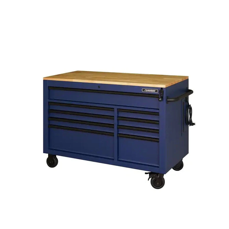 Heavy-Duty 52 in. 9-Drawer Mobile Workbench with Adjustable-Height Solid Wood Top in Matte Blue L7