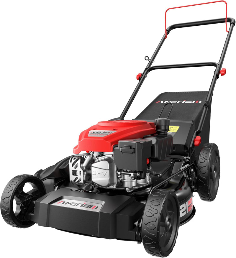 21" Steel Deck Gas Lawn Mower, 3-in-1 Push Mower, 144cc 4-Stroke OHV Engine, 6 Height Adjustment, 1.4 Bushel Grass Catcher with Bagging, Mulching & Side Discharge Efficient for Yard Garden W9