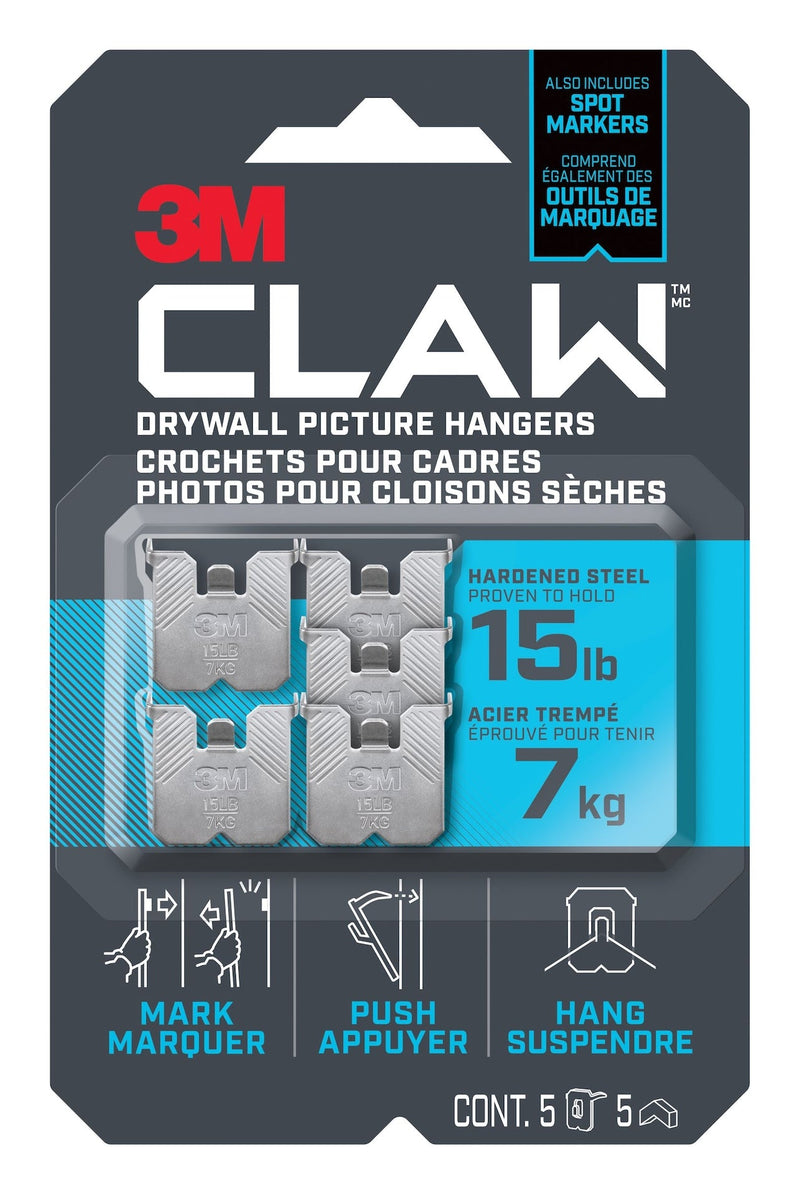 3M Claw DrywAll Picture Hanger, 15-lb Capacity, 5 Hangers per Pack Q5