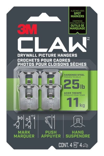 3M Claw DrywAll Picture Hanger, 25-lb Capacity, 4 Hangers per Pack N4