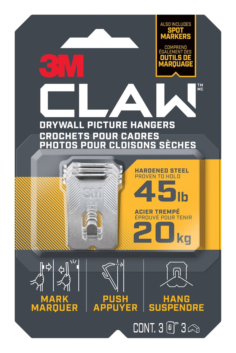 3M Claw DrywAll Picture Hanger, 45-lb Capacity, 3 Hangers per Pack S3