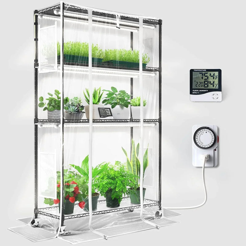 Barrina Mini Greenhouse with LED Grow Light for Indoor Plant, 4-Tier Portable Metal Plant Stand with Wheels, Plant Shelf with Tent, 6Pcs Plant Light with Timer and Thermo-Hygrometer, 35.4x13.8x59IN R4