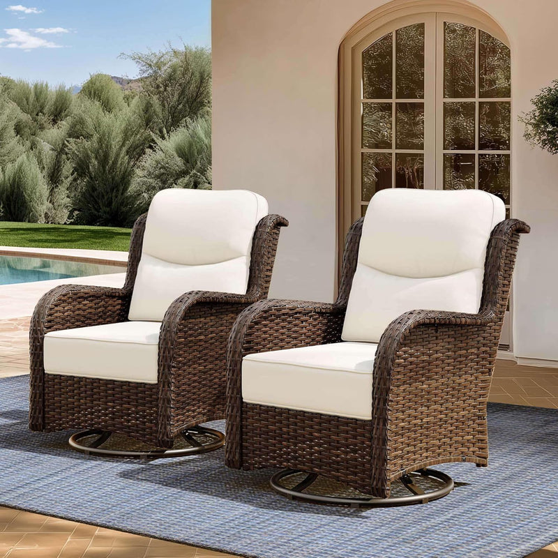 Outdoor Swivel Rocker Patio Chairs with 6-Inch Thick Cushions and Side Table, 3PCS High Back Wicker Patio Furniture Set for Porch, Balcony, Deck and Yard in Blue J3