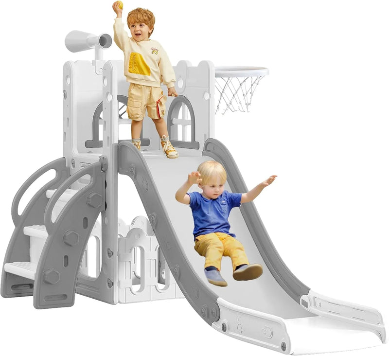 6 in 1 Toddler Slide for Toddler Age 1-3,Kids Climber Slider for Indoor Outdoor Playground with Basketball Hoop,Storage and Telescope,L Shaped Slide for Toddler Climber Playset U4