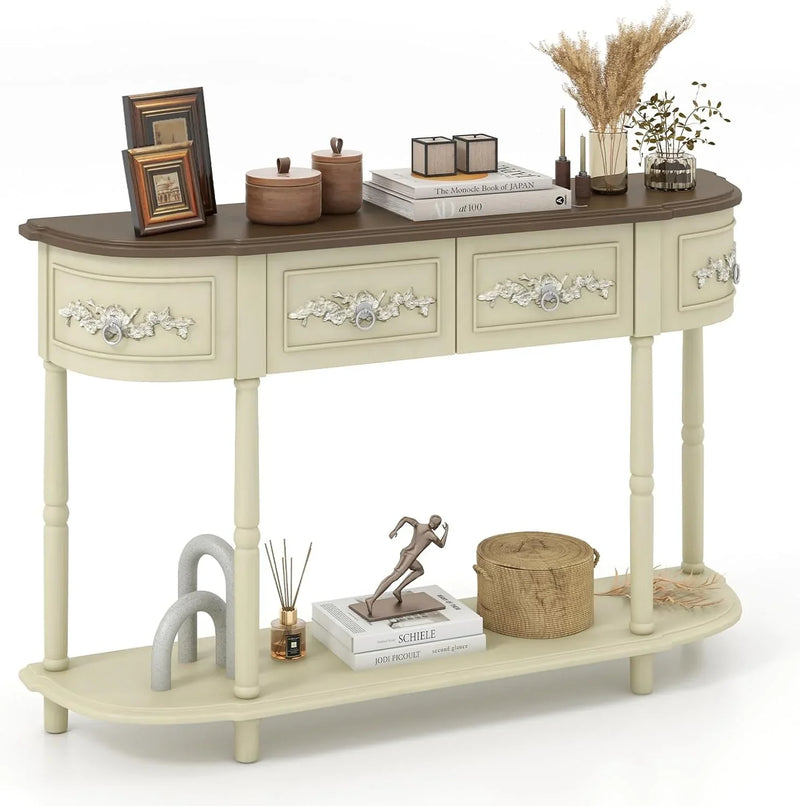 Retro game console table with drawer, 52-inch narrow sofa table with open shelves, table with storage function at the half-moon entrance, solid wood legs, entrance table for retro living room corridor, beige color scheme L6
