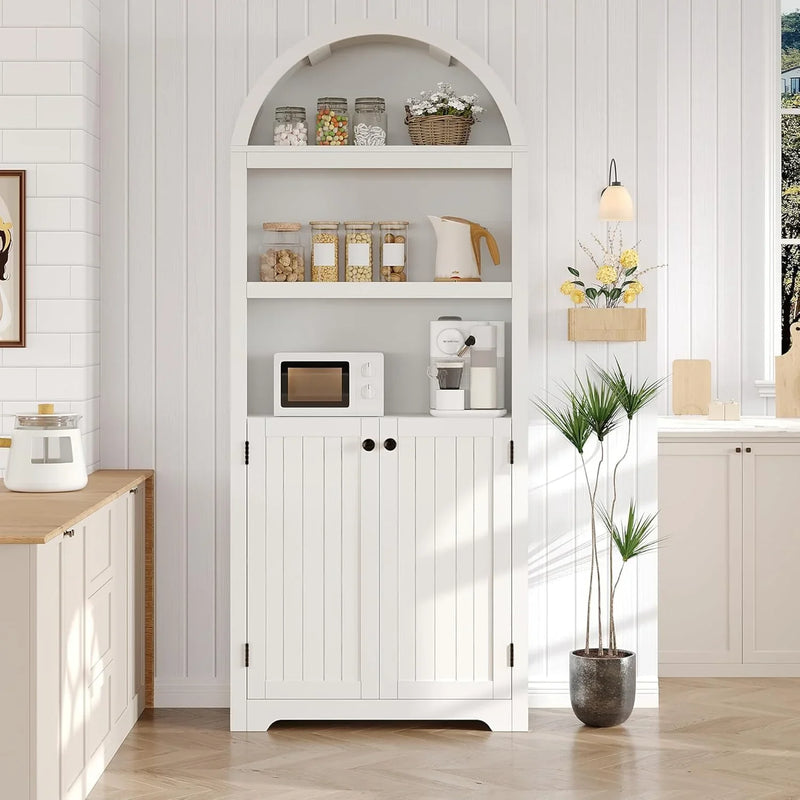 72'' Tall Farmhouse Bookcase, 5 Tier Arched Bookshelf with Double Doors & Adjustable Shelf, Display Storage Shelves, for Bedroom, Living Room, Home Office T7