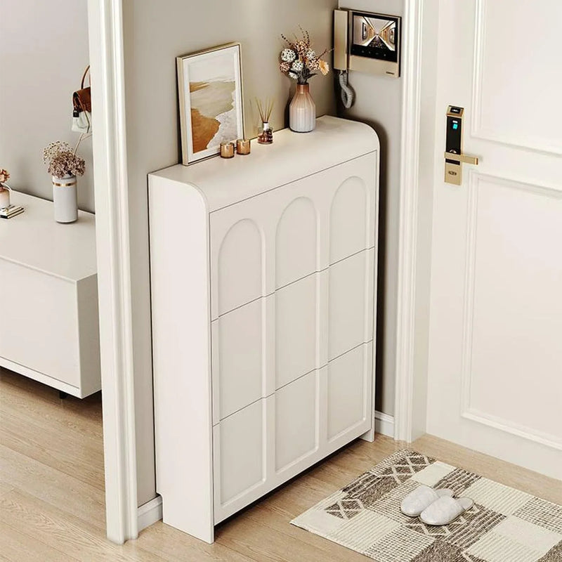 Narrow white artificial wooden shoe cabinet with door, modern entrance shoe rack, standalone hidden shoe cabinet P4