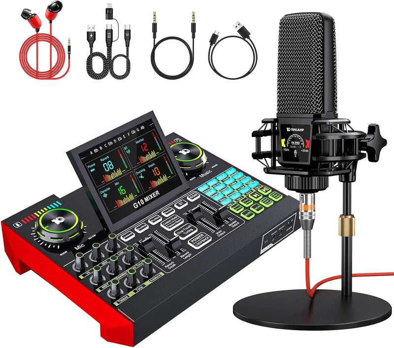 Podcast Equipment Bundle,with 3.5mm Condenser Microphone & Live Sound Card - Audio Mixer for Streaming, PC/Mobile Live Singing, Gaming Content Creators, Soundboard with USB Computer Interface S8