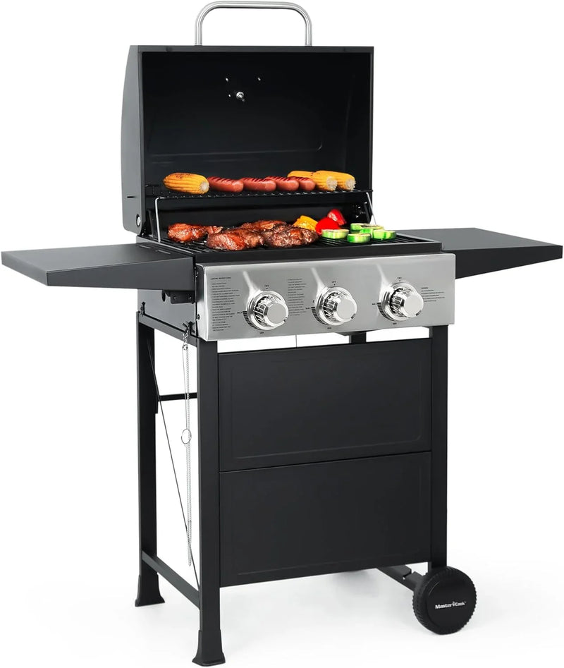 Burner BBQ Propane Gas Grill, Stainless Steel 30,000 BTU Patio Garden Barbecue Grill with Two Foldable Shelves M0