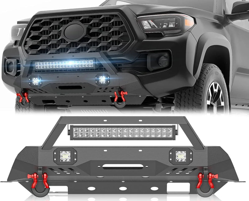 for Tacoma 3rd Gen Stubby Front Bumper Compatible with 2016 2017 2018 2019 2020 2021 2022 2023 Toyota Tacoma with Skid Plate, Winch Plate, License Plate Frame, LED Lights & D-rings, Black J9