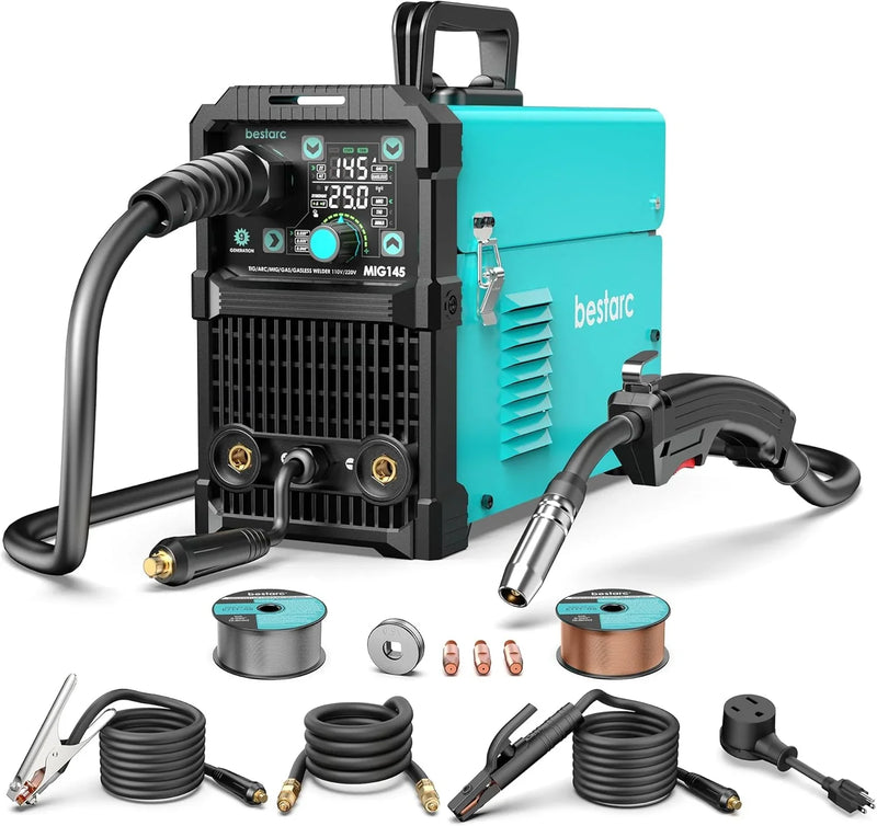 145A MIG Welder, 110V/220V Dual Voltage Gas/Gasless Flux Core MIG Welder/Lift TIG/Stick 3 in 1 Synergic MIG145 9GEN Welding Machine, Flux/Solid Welder Digital Screen Display Y7