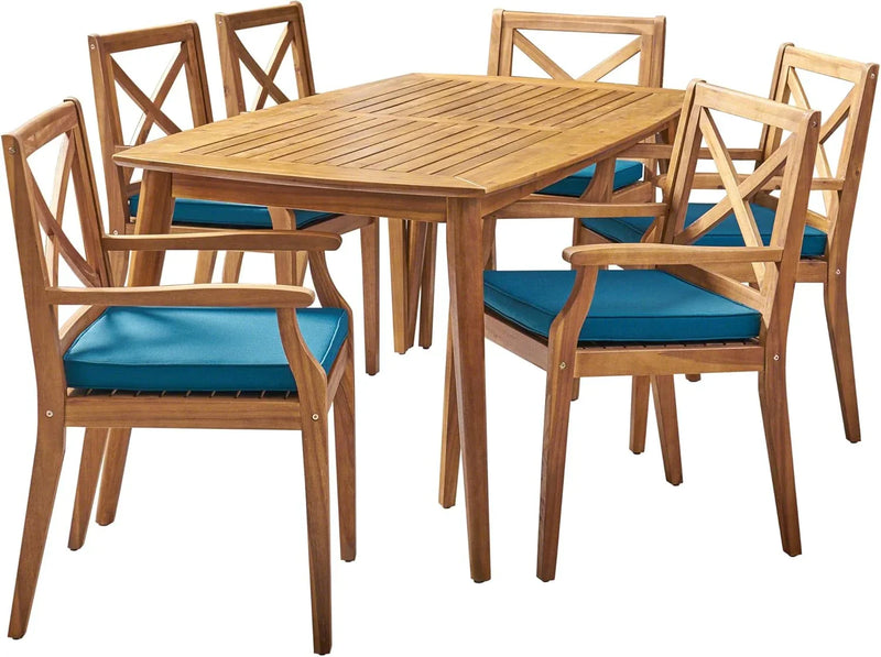 7-piece cherry wood dining set, teak surface / blue X8