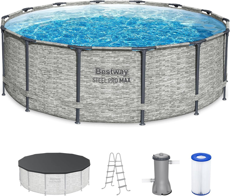 Above Ground Swimming Pool w/ Pump, Cover, & Ladder, 14' x 48", Steel Pro MAX, Gray - Backyard Outdoor Round Pool w/ Filter, 42-Inch Deep Water W3