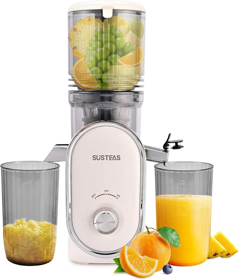 Cold press juicer, 5.3-inch feed opening, slow-speed mixing type machine, power 300 watts, capable of extracting whole fruits and vegetables, easy to clean, high juice output, white appearance V2
