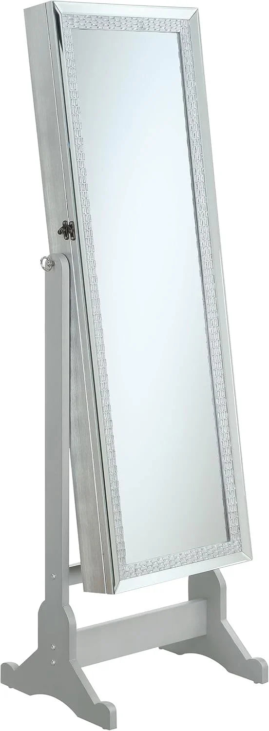 Mounted-style mirror cabinet, featuring jewelry storage function, with a design allowing the entire length to be tilted, rectangular shape - bedroom - silver color N7