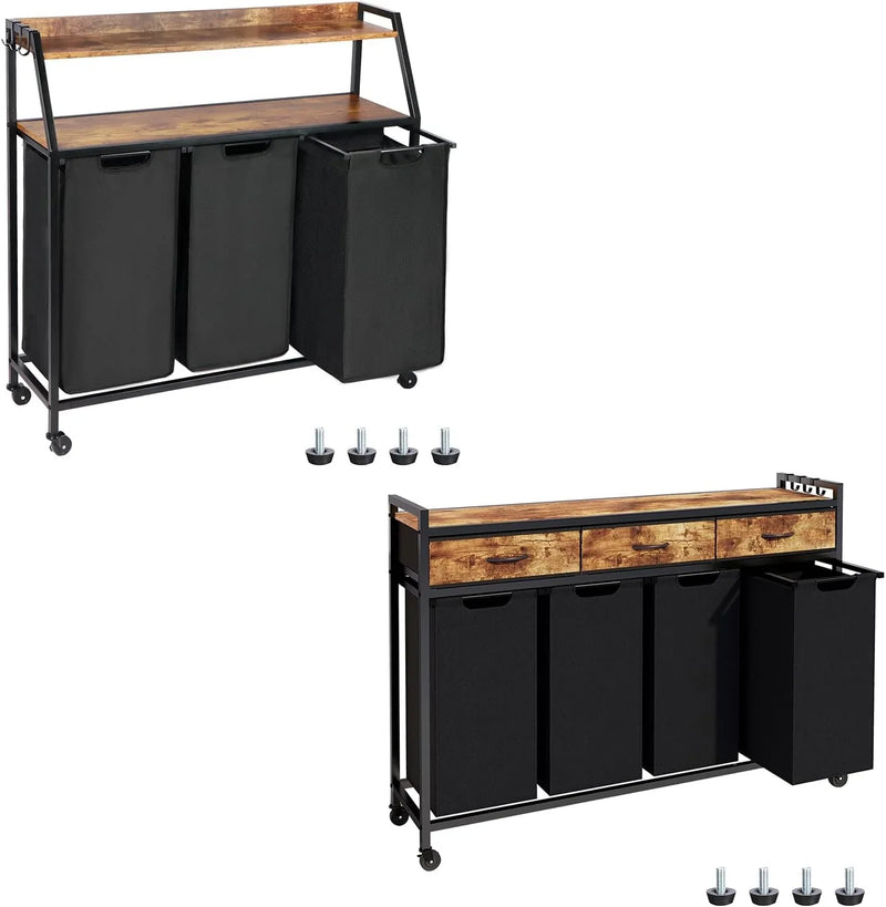 Two Laundry Hamper, Rolling Laundry Sorter with Wheels, 4 × 14.5 Gal (55 L), Pull-Out and Removable Laundry Bags, for Laundry Room, Rustic Brown D9
