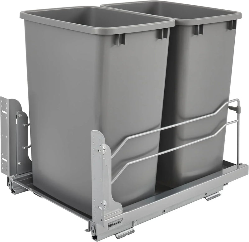 A double pull-out trash can suitable for the bottom of kitchen cabinets, with a capacity of 35 ounces (approximately 0.875 gallons), equipped with a gentle closing sliding mechanism, and in the color of Orison Gray. U5
