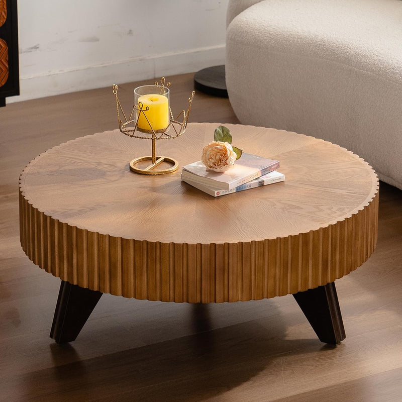 35" Contemporary Round Coffee Table, Coffee Tables Blending Traditional Decor, Solid Wood Center Table for Living Room, Natural K0