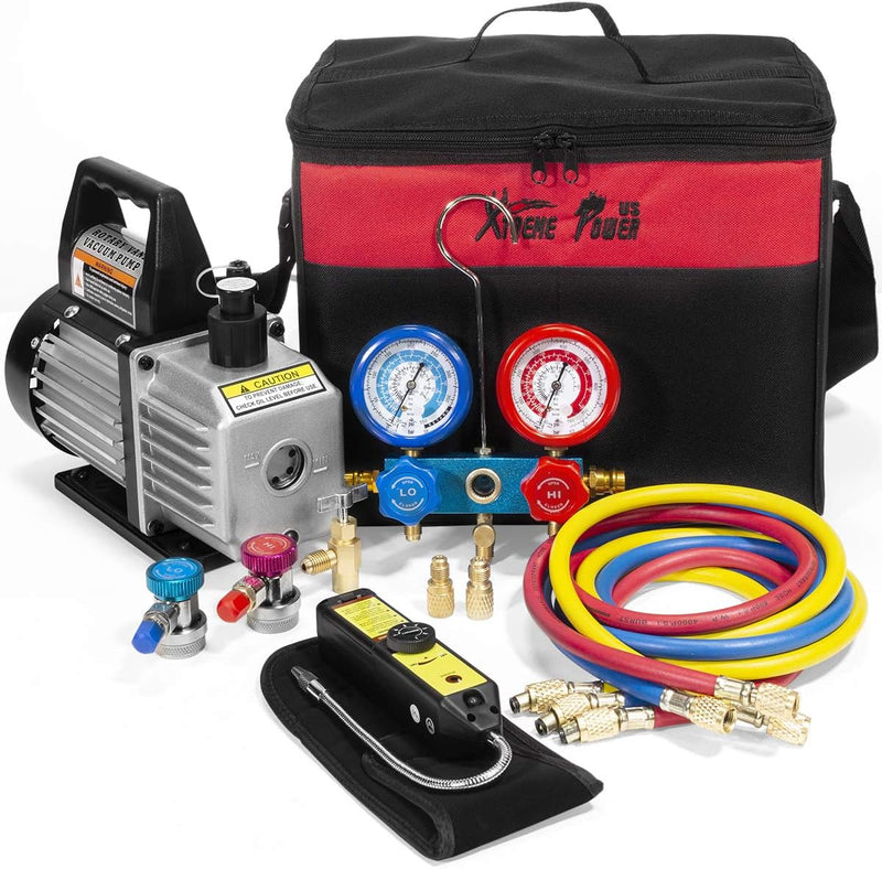 Premium 4CFM Air Vacuum Pump HVAC A/C Refrigeration Kit AC Manifold Gauge Case Set R134a Tap w/Leak Detector and Carrying Tote Bag U4
