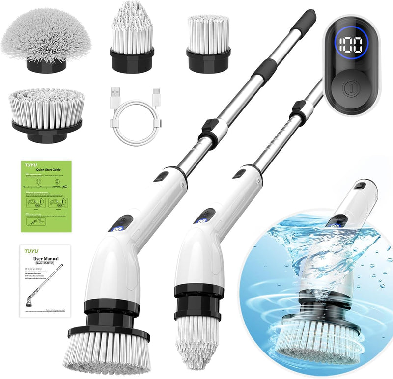 Electric Spin Scrubber, Full-Body IPX7 Waterproof Bathroom Scrubber with Power LCD Display, Adjustable Extension Handle, Cordless Shower Cleaner Brush for Bathtub Kitchen Wall Cleaning S0