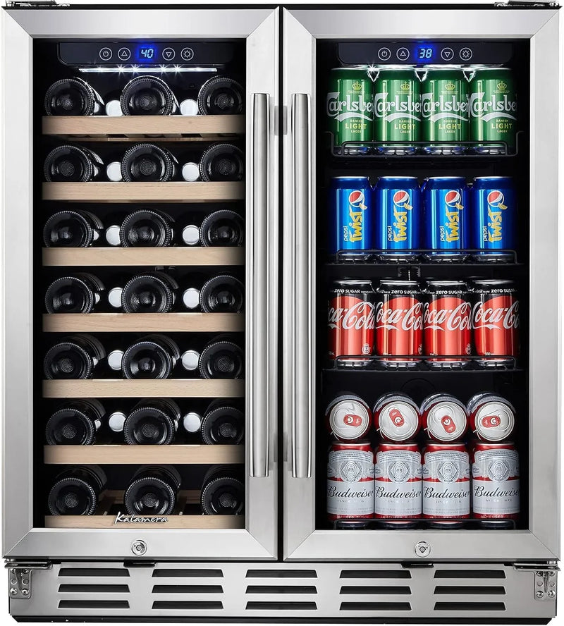 24 inch Wine Cooler, 46 Bottle - Dual Zone Built-in or Freestanding Fridge with Stainless Steel Reversible Glass Door, for Home, Kitchen, or Office. X1